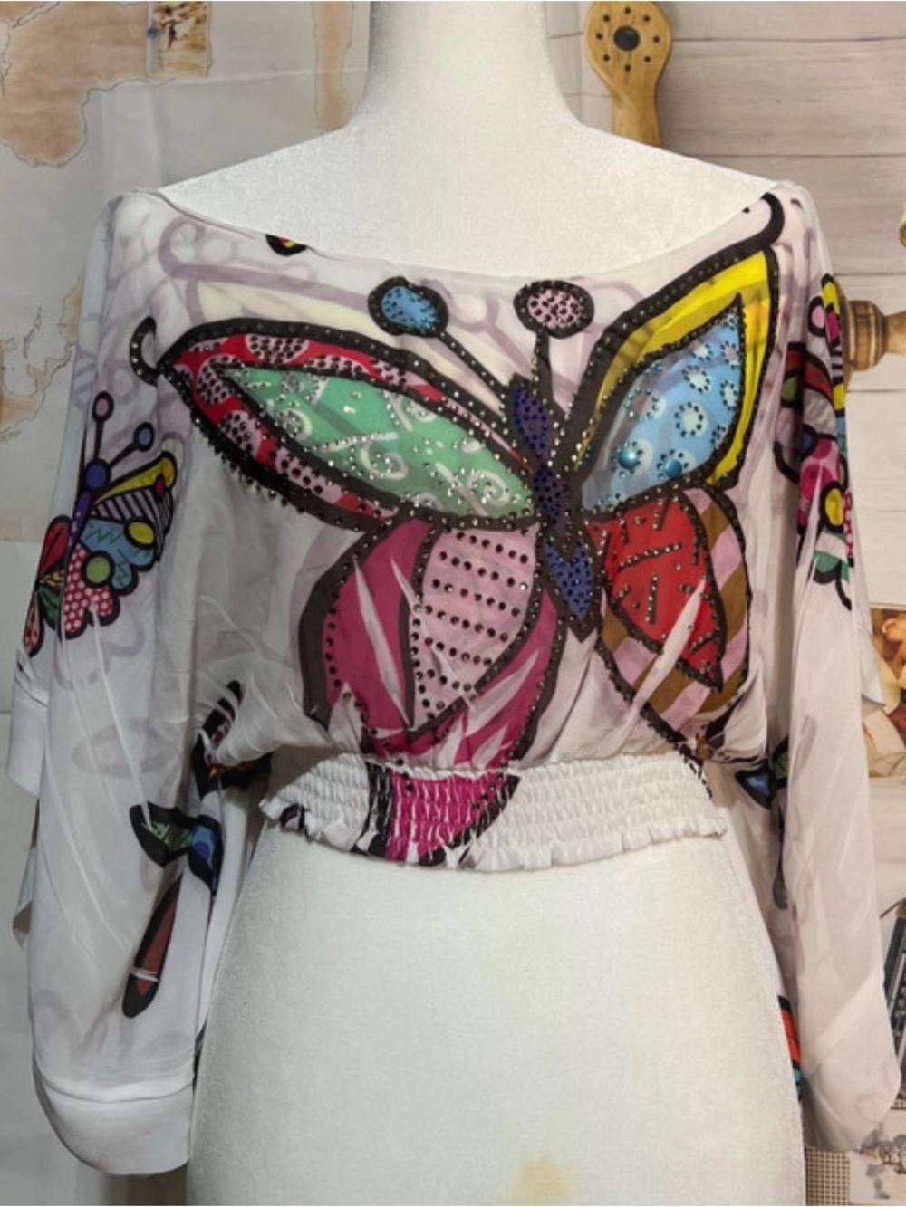 Crimson Ivy Rhinestone Butterfly Pop Art Crop Top Blouse